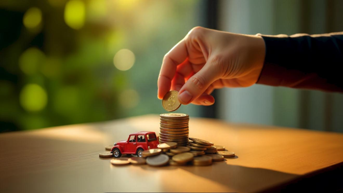 Pessoa colocando moedas com um carrinho em miniatura ao lado — planejamento financeiro para compra de veículo