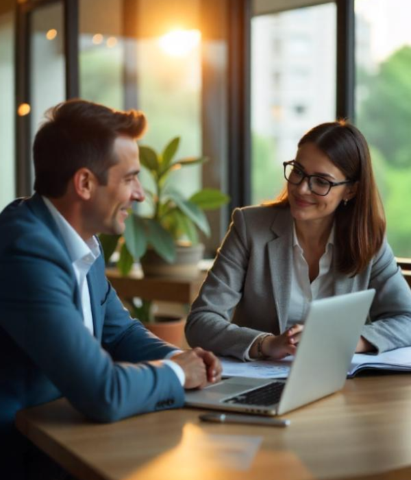 Linhas de crédito para empresas — profissionais em reunião com laptop e gráficos