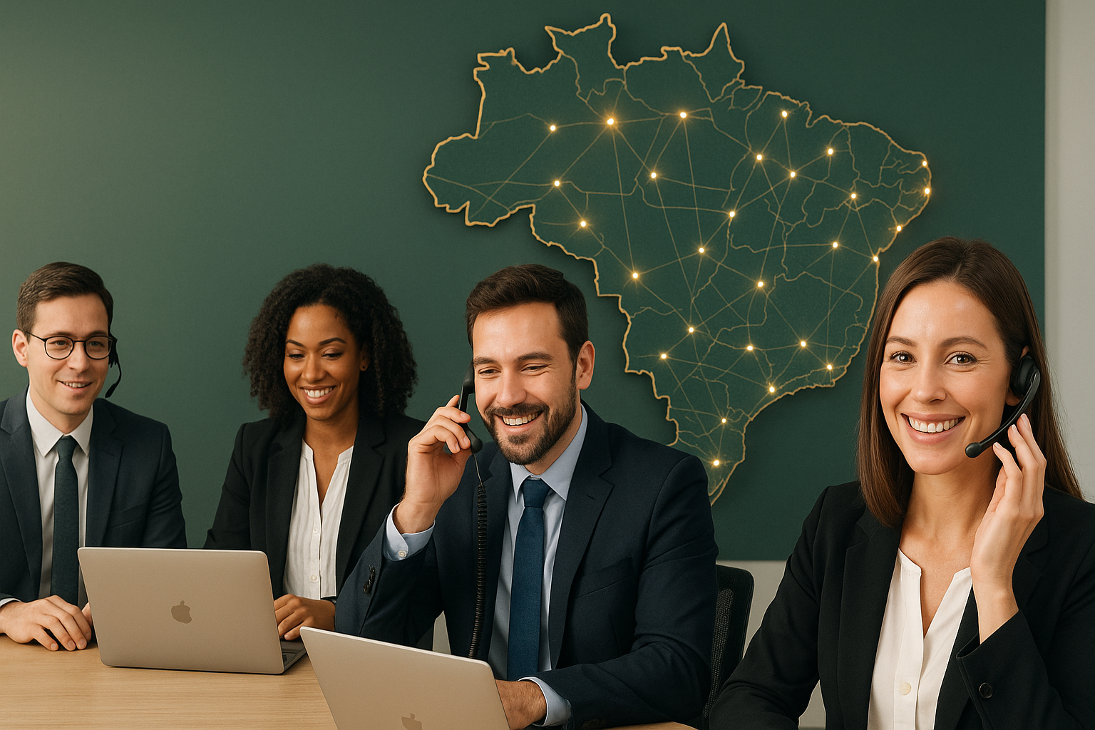 Mapa estilizado do Brasil, com pontos conectando cidades — atendimento nacional